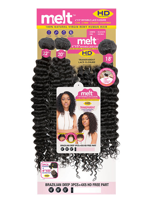JANET COLLECTION - MELT HD BRAZILIAN DEEP WAVE 3PCS + 4X5 HD FREE PART WEAVING HAIR