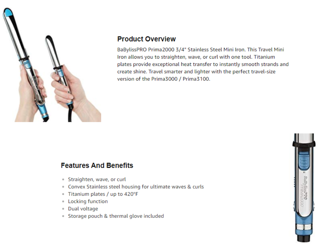 BABYLISS PRO NANO TITANIUM PRIMA 2000 Mini Flat Iron 3/4"