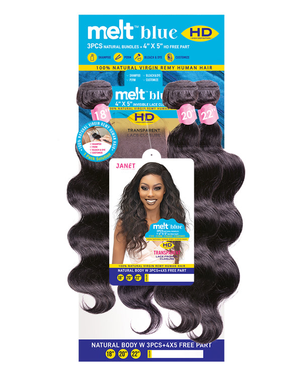 JANET COLLECTION - MELT BLUE 3PCS +4X5 HD FREE PART LACE FRONTAL CLOSURE  BODY WAVE WEAVING HAIR