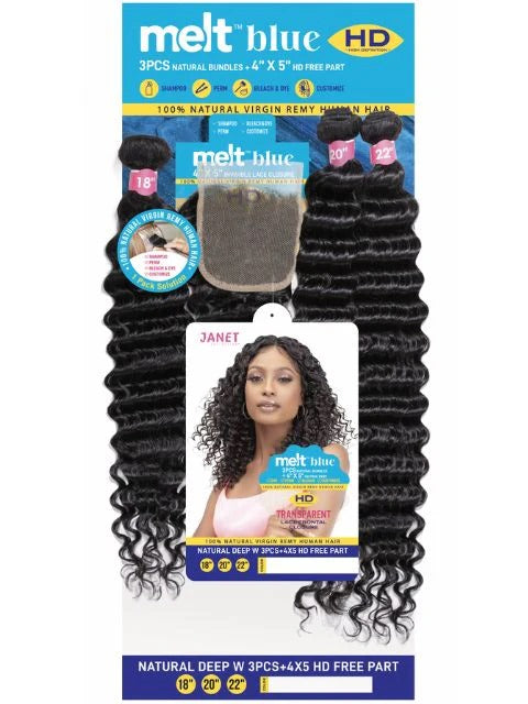 JANET COLLECTION - MELT BLUE 3PCS +4X5 HD FREE PART LACE FRONTAL CLOSURE DEEP WAVE WEAVING HAIR