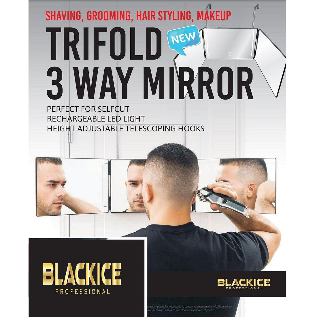 BLACK ICE TRIFOLD 3 WAY MIRROR WITH RECHARGEABLE LED LIGHT