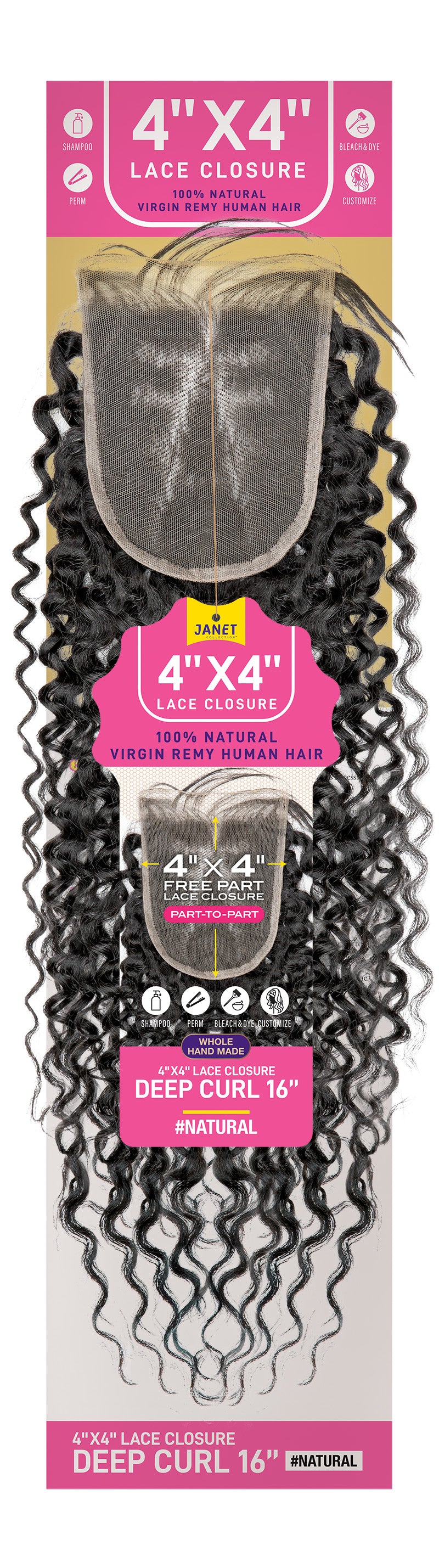 JANET COLLECTION -  4&quot;X4&quot; LACE FRONTAL CLOSURE - DEEP CURL